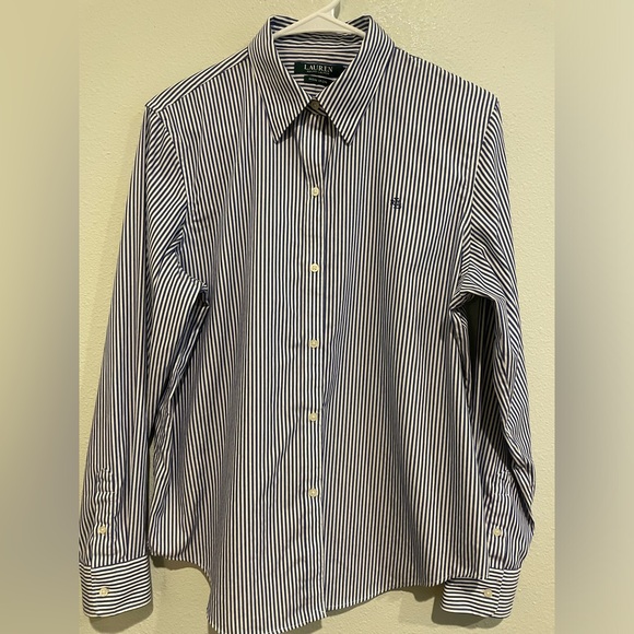 Lauren Ralph Lauren Tops - Lauren Ralph Lauren Navy and White Strip Button Up Shirt.  No Iron.  Size L